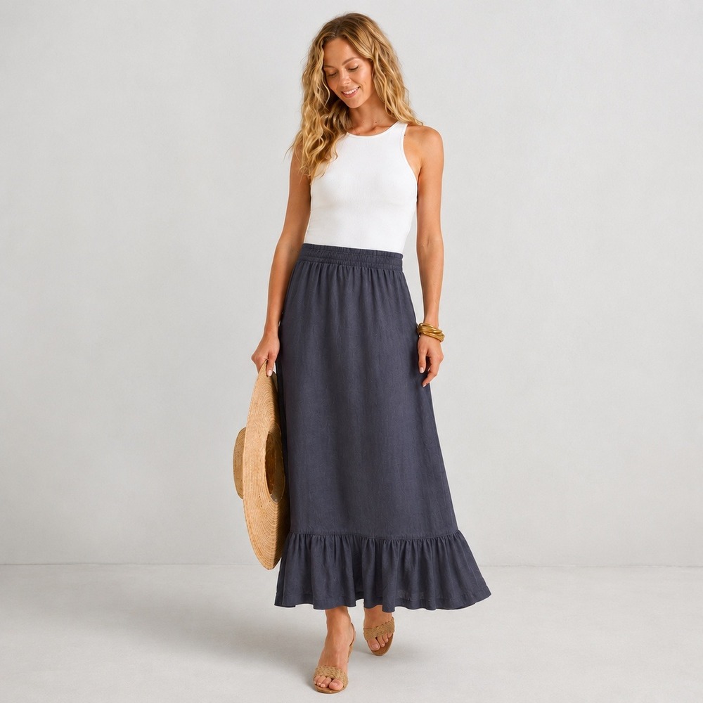 Calypso St Bart Linen Blend Maxi Skirt M Gray Casual Coastal Boho Chic Lagenlook